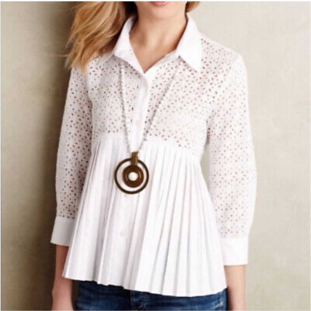 Anthropologie Eyelet White Button Down Blouse